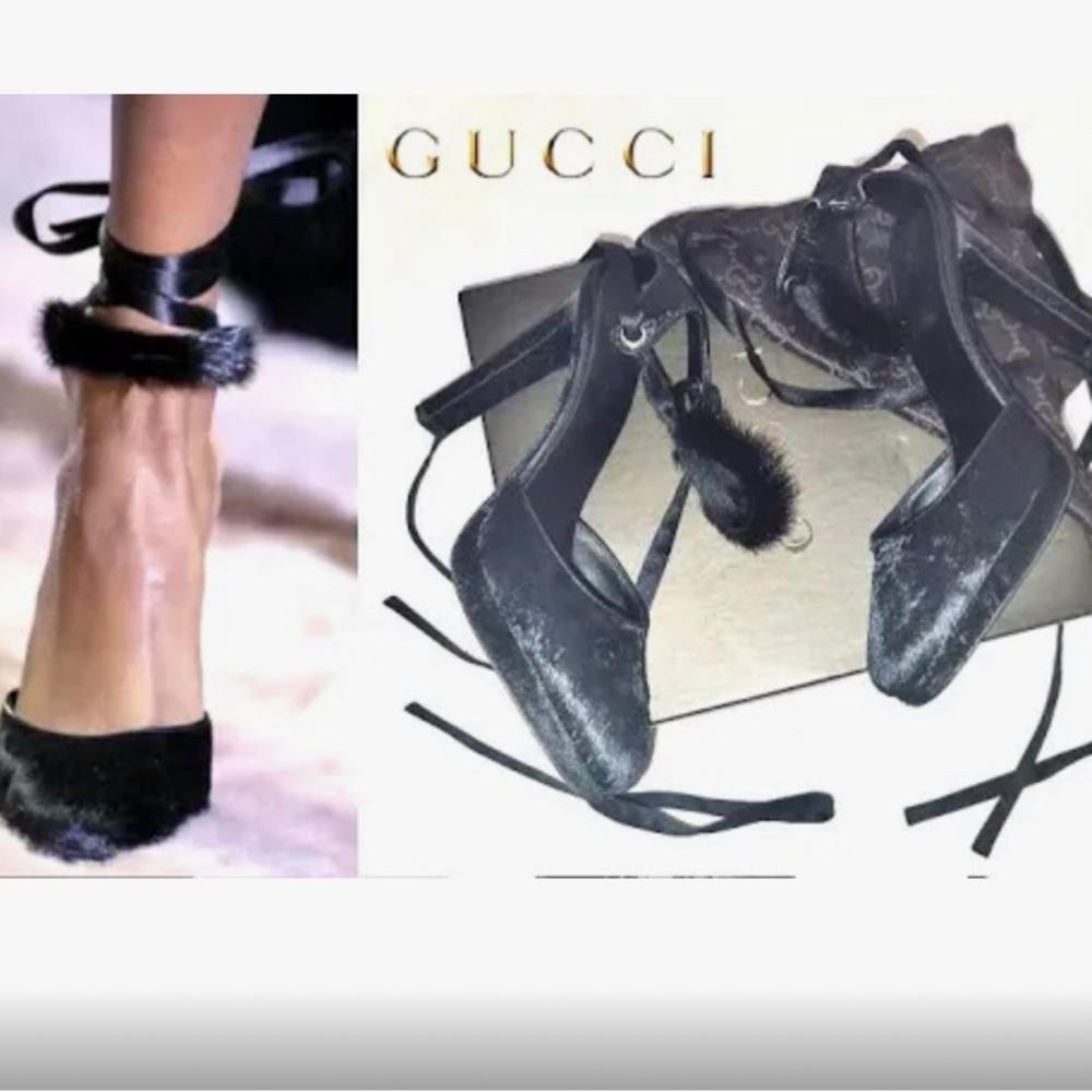 Gucci Women's Black Velvet Ankle-Tie Pumps with Fur Trim